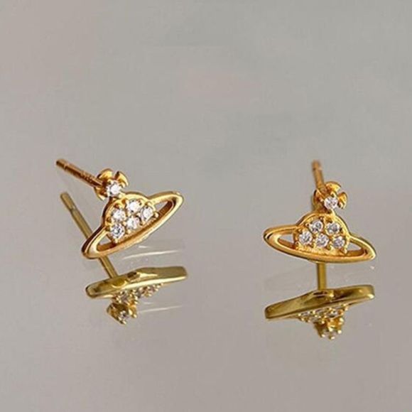 💎 NEW 18kgp planet Saturn tiny orb crystal stud earrings - Picture 2 of 3